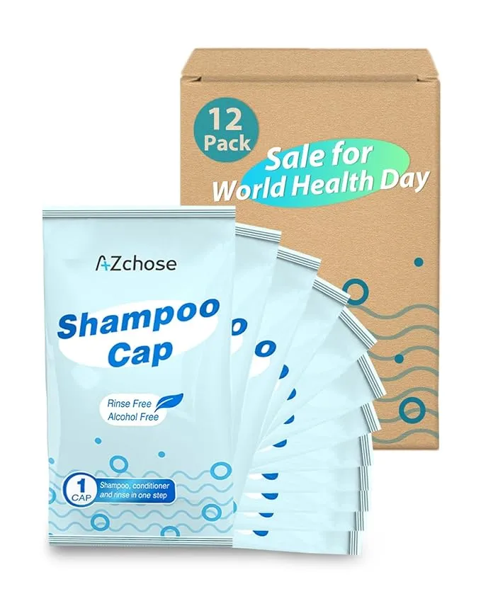 Shampoo Caps No Water Rinse Free for Bedridden Patients, Hospital Stays & Post Surgery Home Care, Disposable Waterless Shampoo Shower Cap for Elderly, Microwaveable & Hypoallergenic, 12 Pack