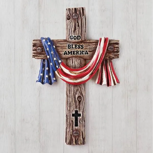 Collections Etc God Bless America Hand-Painted Cross with Draped Flag Hand ...