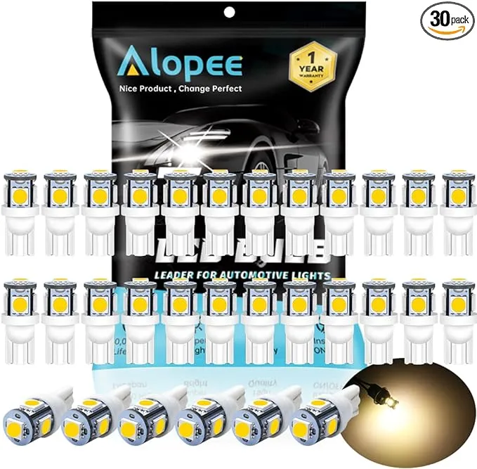 Alopee 30 Pack 194 LED Bulb Warm White 3000K T10 Wedge LED Bulb 5SMD 5050 Chips 168 LED Bulb 921 2825 LED Bulb 158 501 W5W Bulb LED Interior Car Lights Dome Map Door Trunk Light DC 12V