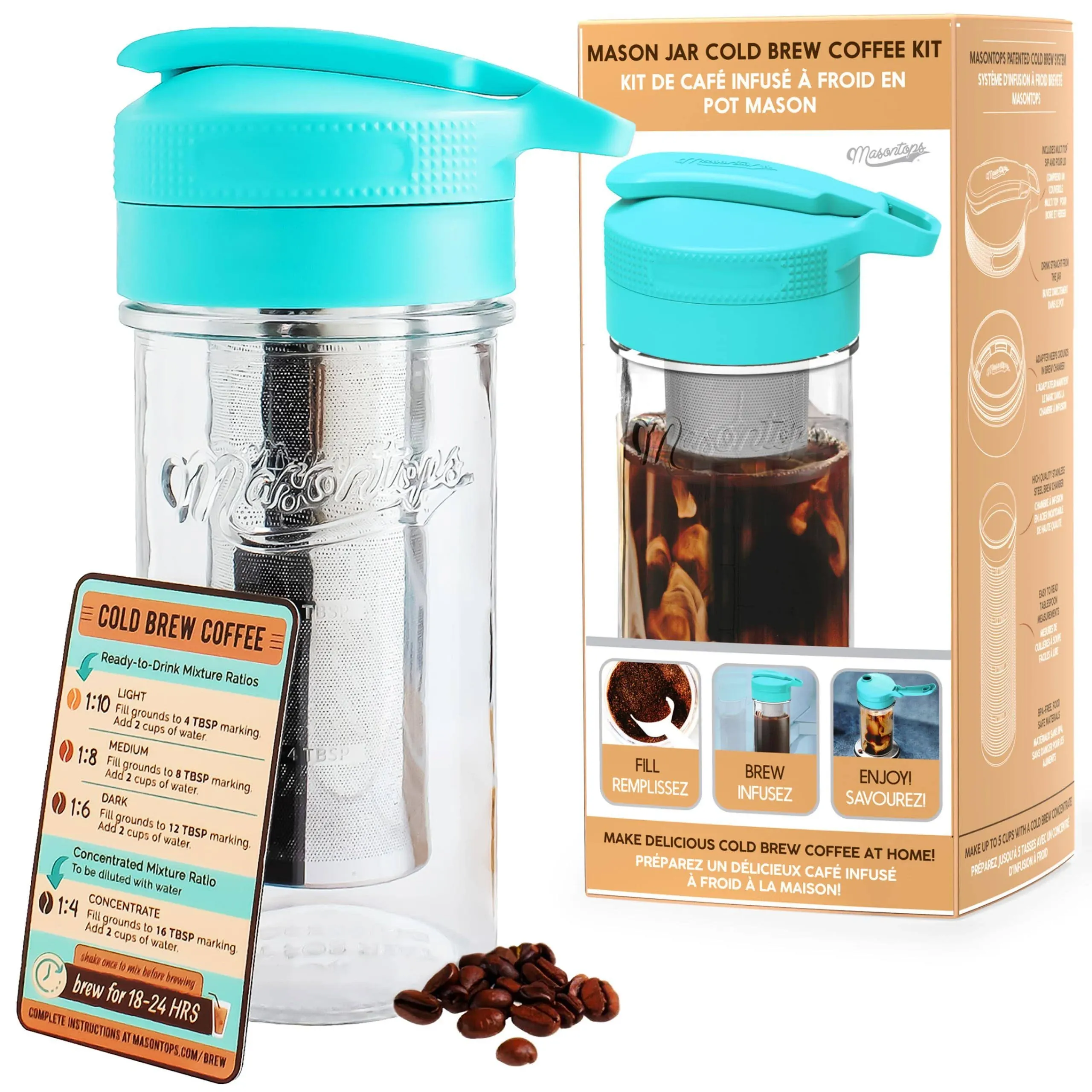 Masontops Cold Brew Makers Kit - Deluxe Iced Coffee Maker with Glass Pitcher & Stainless Steel Mesh Filter - Easy Pour Fridge Cold Brewer System