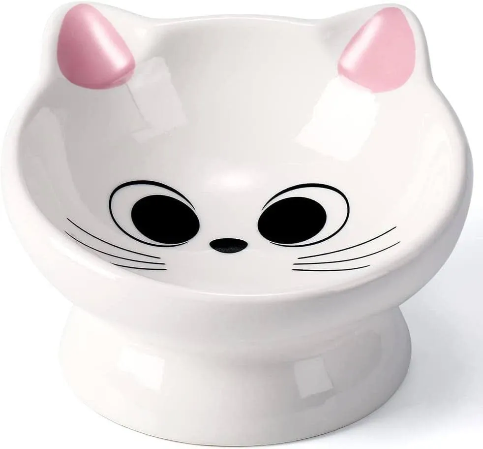 Raised Cat Food Bowl Ceramic 15° Tilted Cat Food Bowls Protect Cat's Spine Anti Vomiting Backflow Prevention Cat Bowls for Adult Cats, Kitten, and Small Dogs, Pink