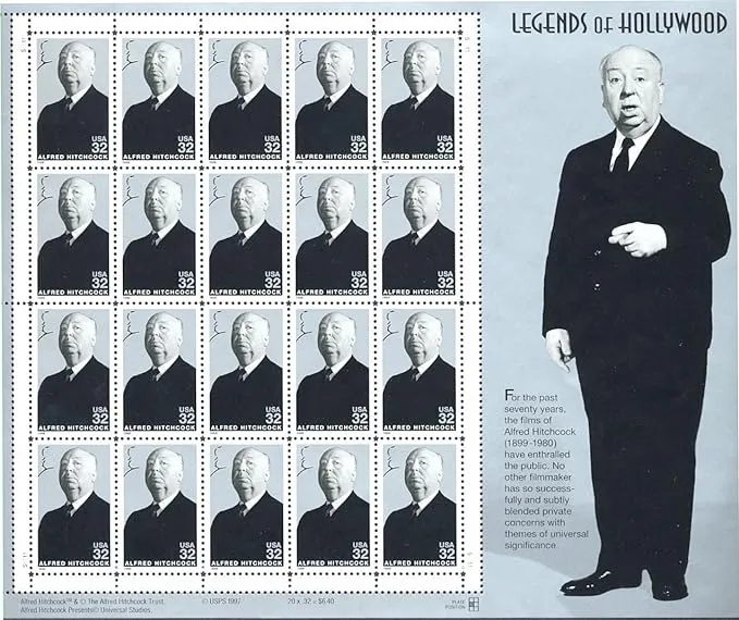 Alfred Hitchcock: Legends of Hollywood, Full Sheet of 20 x 32-Cent Postage Stamps, USA 1998, Scott 3226