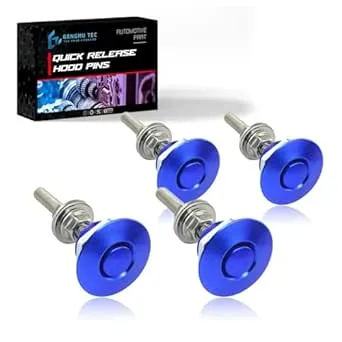 Gangmu Tec Pack of 4 Universal Aluminum Vehicle Hood Pins - License Plate Lock Clip, Push Button Bonnet, Quick Release Lock Latch Bumper, Diameter 1.25 inch (Blue, Pack of 4)