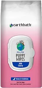 earthbath, Ultra-Mild Wild Cherry Puppy Wipes - Dog Wipes for Paws and Butt, Best Pet Wipes for Dogs & Puppies, Made in USA, Cruelty-Free Dog Cleaning Wipes - 100 Count (1 Pack)