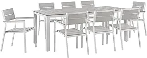 lm Modway Maine Aluminum 9-Piece Outdoor Patio Dining Set with 80 inch Dining Table and Eight Dining Armchairs in White Light Gray