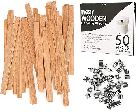 NOOR 50 Wooden Wicks for Candle Making - Double Layer Crackling Wood Wicks with Metal Clips - Smokeless, Eco-Friendly, Ideal for Soy Wax & DIY Candle Projects