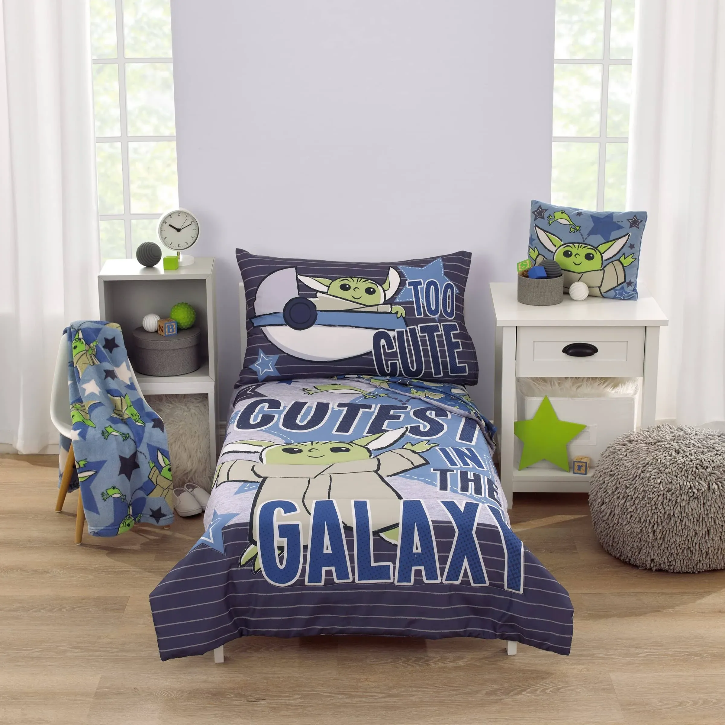 NOJO Star Wars The Child Cutest in The Galaxy Blue, Green and Gray, Too Cute Grogu, Stars, Hover Pod, and Sorgan Frog 4 Piece Toddler Bed Set