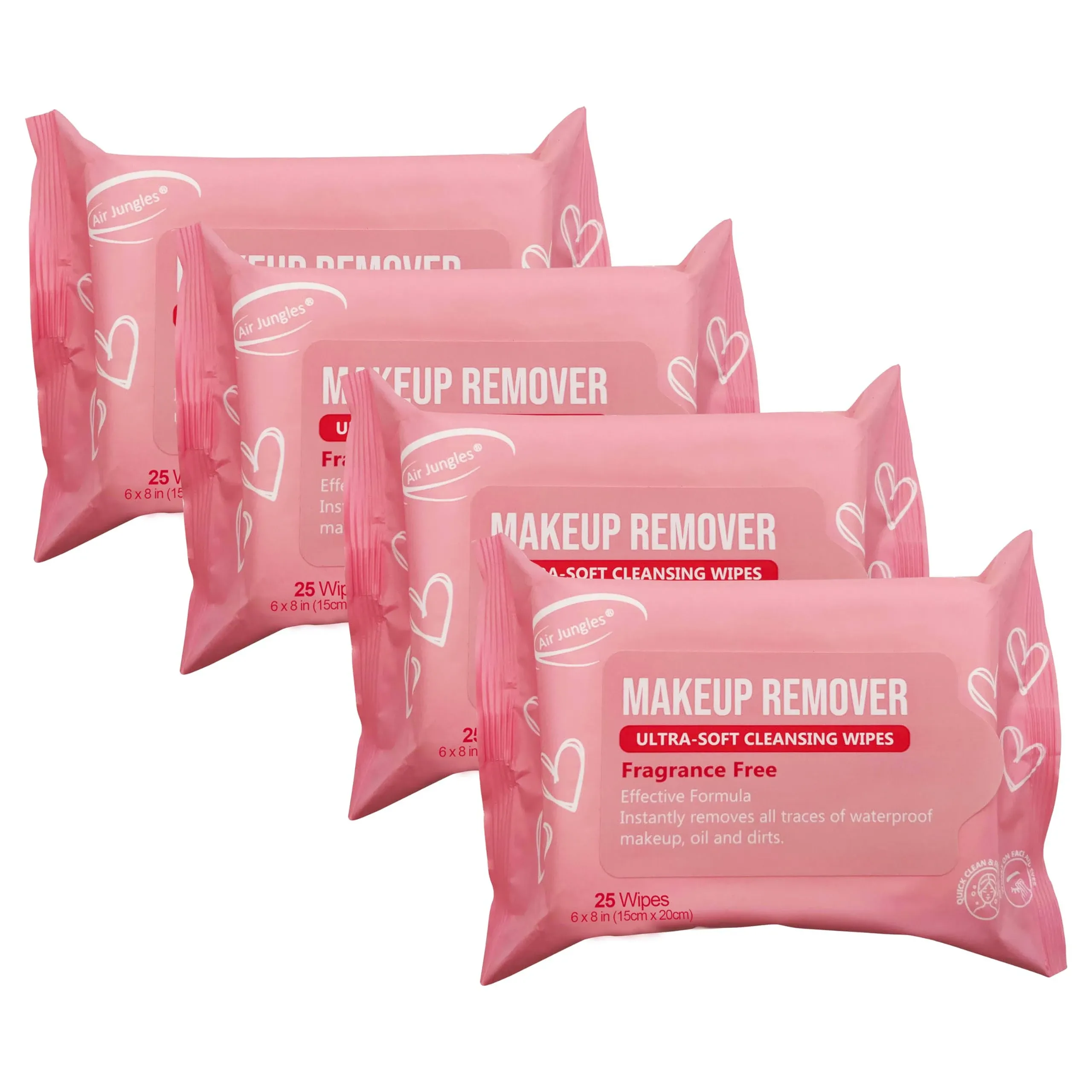 Air Jungles Makeup Remover Wipes 25 Count (Pack of 4), Ultra-Soft Cleansing Wipes, Fragrance-Free, Removes Oil, Waterproof Makeup, Size: Pouch, 25