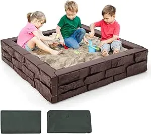 Costzon Kids Sandbox with Cover, 47"x 47" HDPE Sandpit with Oxford Cover, Bottom Liner, Brown