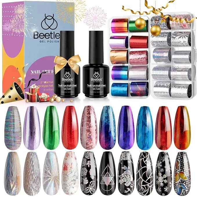 Beetles Nail Foil Glue Kit, 15ML 2 Bottles Tranfer Glue Gel with 20PCS Metal Holographic Flower Stickers Set Nail Foil Transfer Gel Set Manicure Art DIY Nail, LED Lamp Required Soak Off