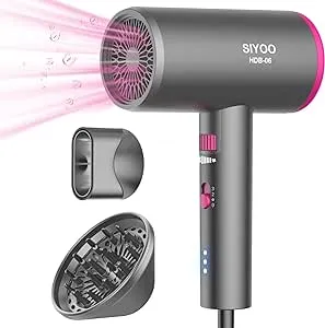 SIYOO Hair Dryer SIYOO Professional Hair Dryer, Ionic Blow Dryer with Diffuser and Nozzle, 1600 Watt Negative Ions Salon Lightweight Hairdryer Pink