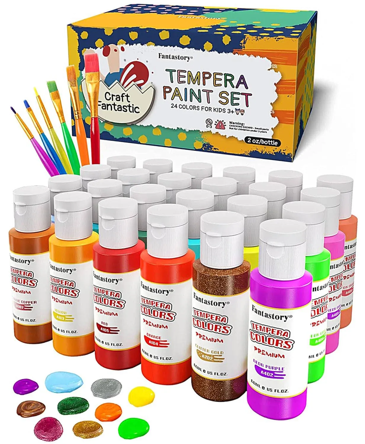 Fantastory Tempera Paint for Kids 24 Colors (2 oz Each) Washable Tempera Paint, Kids Poster Paint Sponge Painting, Non-Toxic Kid