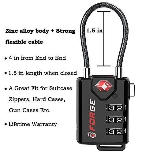 Forge TSA Approved Cable Luggage Locks Re-settable Combination with Alloy Body ...