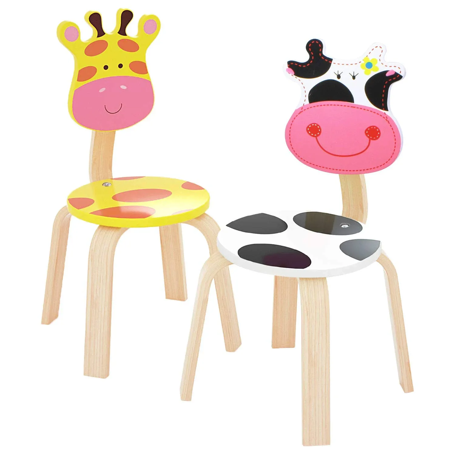 iPlay, iLearn 2 Pcs Wooden Kids Chair Sets, Natural Hardwood Giraffe & Cow Animal ...