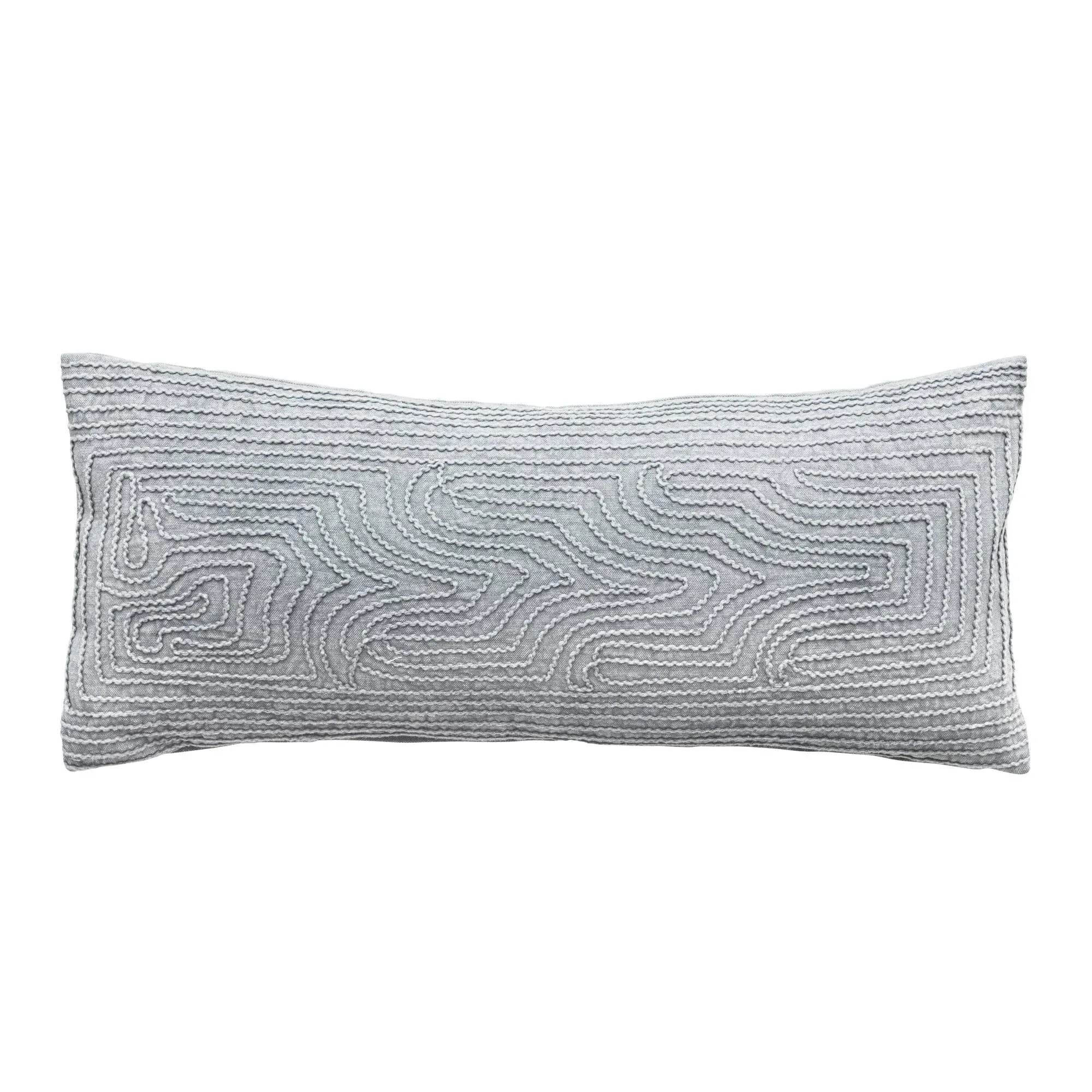 Sage Green Embroidered Cotton Lumbar Pillow