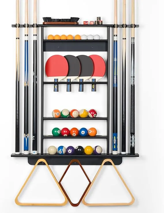 XCSOURCE Pool Stick Holder, 2-IN-1 Pool Cue Rack & Ping Pong Paddle Holder, 100% Solid Pine Wood Wall Mount Holds Billiards and Table Tennis Accessories for Man Cave, Billiard Room, Game Room,Bar Room