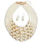 Women Elegant Jewelry Set White Pearl Bead Cluster Collar Bib Choker Necklace