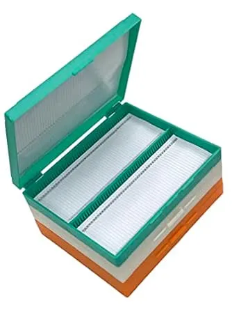 MUHWA 100-Place Plastic Microscope Slides Storage Box, 3 Packs Microscope Glass Slide Box, Assorted Color, Green, Orange, White