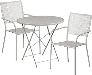 Oia Commercial Grade 30" Round Gold Indoor-Outdoor Steel Folding Patio Table Set with 2 Square Back Chairs