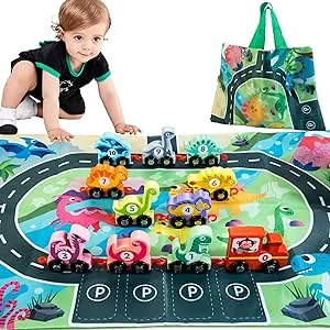 HELLOWOOD Dinosaur Toys for Toddlers Age 2-4, Wooden Dinosaur Train Set with Playmat/Storage Bag, Montessori Educational Toys for 2+ Years Old Boys & Girls