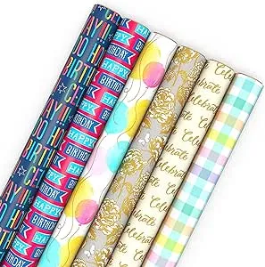 Hallmark Birthday Wrapping Paper Rolls for Wedding, Baby Shower, Easter, All Occasion - Flowers, Balloons, Pastel Plaid Gift Wrap Paper (Set of Assorted 6 Rolls: 180 sq. ft. ttl.)