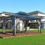 Gazebo à double dessus en polycarbonate de 13 pi x 10 pi avec rideaux et filet gris