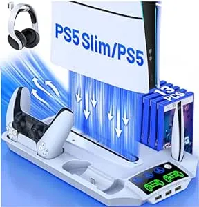 PS5 Slim Stand and Cooling Station with Controller Charging Station for Playsation 5 Slim/PS5 Disc Digital Console,3 Levels Cooling Fan, 13 Game Slots, 3 USB HUB, Headset Holder