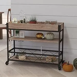 Merrick Lane Brookville Rolling Kitchen Serving and Bar Cart - Distressed Light Oak Wood and Black Iron Frame - Shelves and Wine Glass Holders