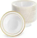 MATANA 25 Pack Plastic Bowls for Parties in White with Gold Rim, 7.5" Inch (12oz) Reusable Sturdy Salad Bowl, Soup Bowl, Dessert & Ice Cream Bowl for Wedding Parties, Events, Dinner, Outdoor Picnic