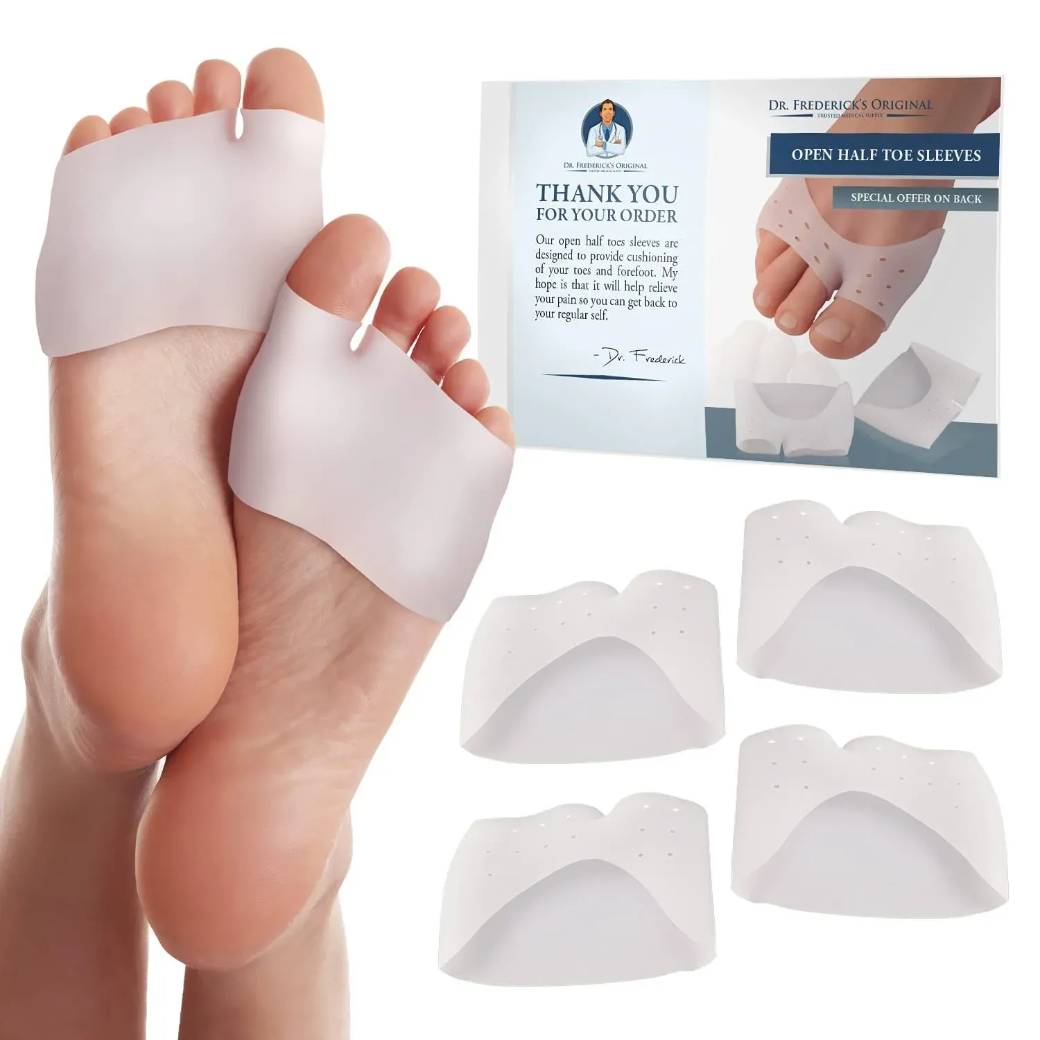 Dr. Frederick&#39;s Original Open Toe Sleeves | Half Toe Sleeve Metatarsal Pads | 4 Pieces | Ball of Foot Cushions | Great for Calluses and Blisters | for Men and Women | Perfect for High Heel Shoes