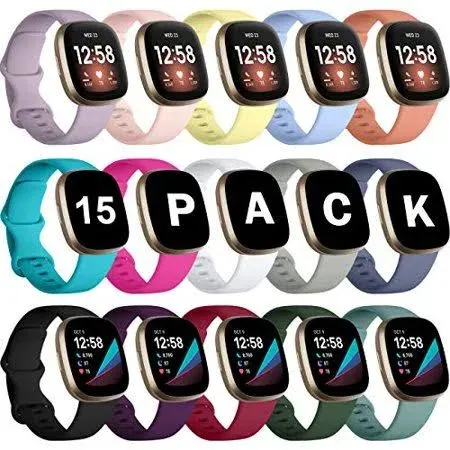 GEAK 15 Pack Bands Compatible with Fitbit Versa 3 Bands/Versa 4 Bands/Fitbit Sense 2/Sense Bands,Soft Replacement Waterproof Sport Watch Strap Wristband for Fitbit Versa 3 Bands for Women Men Small