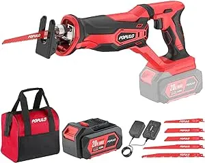 POPULO Cordless Reciprocating Saw, 4.0Ah 20V MAX Battery Power Saw, Electric Reciprocating Saws for Wood, Trees, Metal, or PVC Pipe Cutting