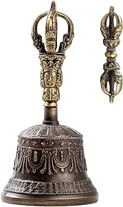 Tibetan Dharma Object Bell and Bajra Set - Alter Pray Singing Bowl Hand Bell Handmade Buddhist Meditation Bell by Himalayan Bazaar (14cm x 7.3cm)