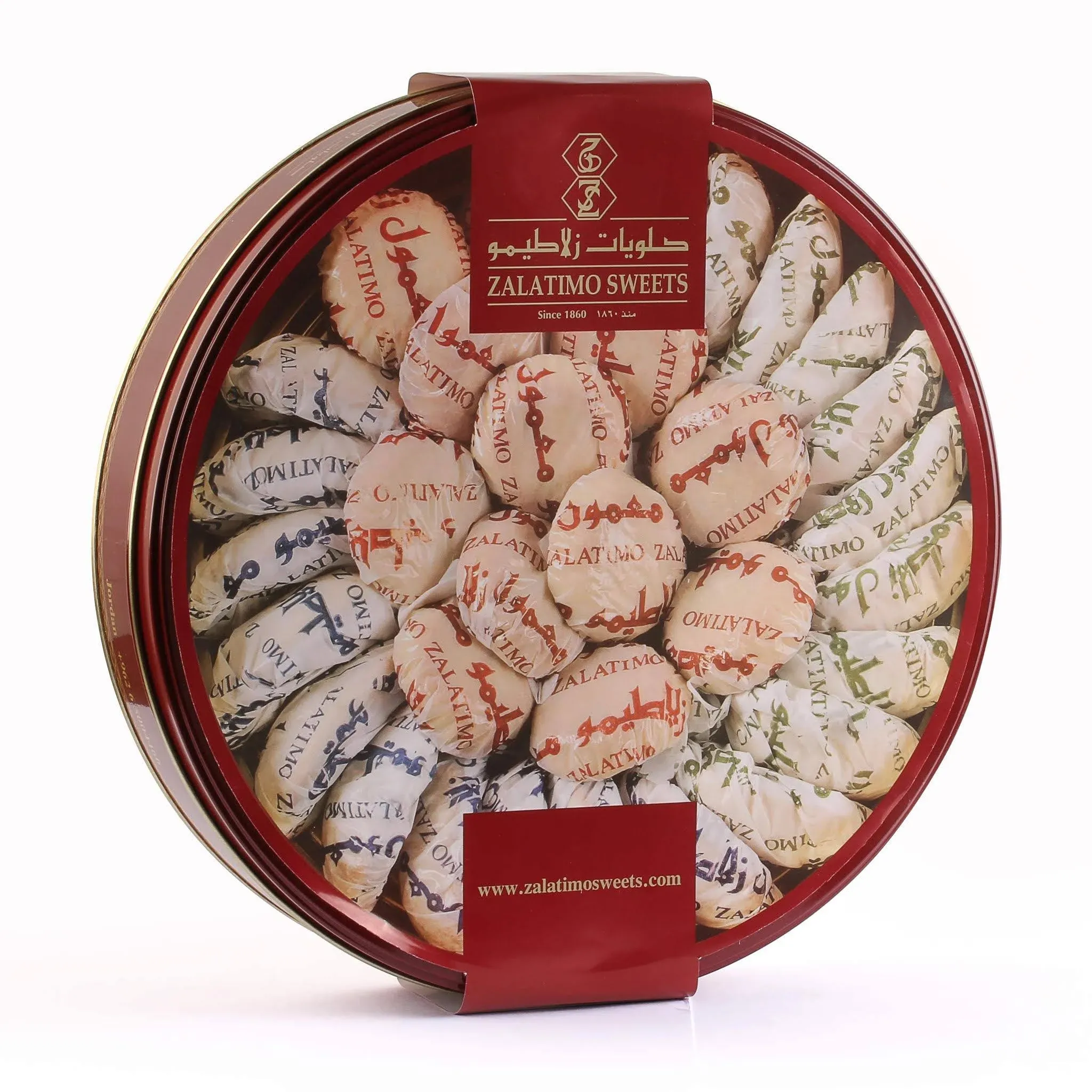 Zalatimo Sweets Since 1860, 100% All Natural Assorted Mamoul Shortbread Cookies, Round Gift Tin, Slightly Sweet Cookies, Pistachio, Walnuts, Dates, No Preservatives, No Additives, 2.2Lbs