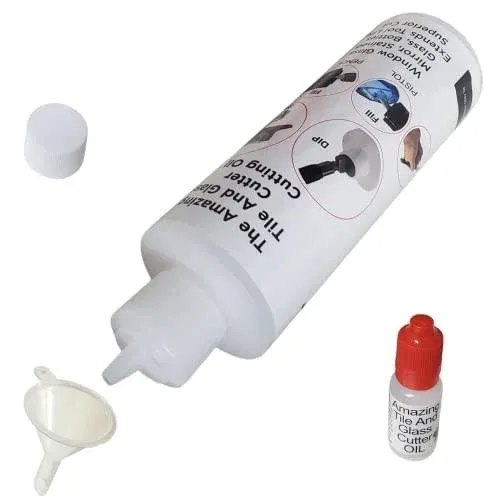 Glass Cutting Oil 8oz Bottle New Oil Fill Kit for All Tools Using Glass Cutter Oil Use for Cutting Thick Glass or Mirrors and Stained Glass, Small Bottle, Spout, Mini Funnel for All Filling Options.