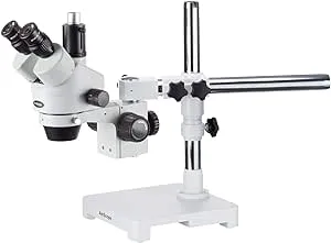 AmScope SM-3TX Professional Trinocular Stereo Zoom Microscope, WH10x Eyepieces, 3.5X-45X Magnification, 0.7X-4.5X Zoom Objective, Ambient Lighting, Single-Arm Boom Stand, Includes 0.5X Barlow Lens