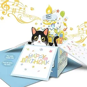 3D Pop Up Tuxedo Cat Birthday Card, Musical, 60g, For Father, Mother, Lover