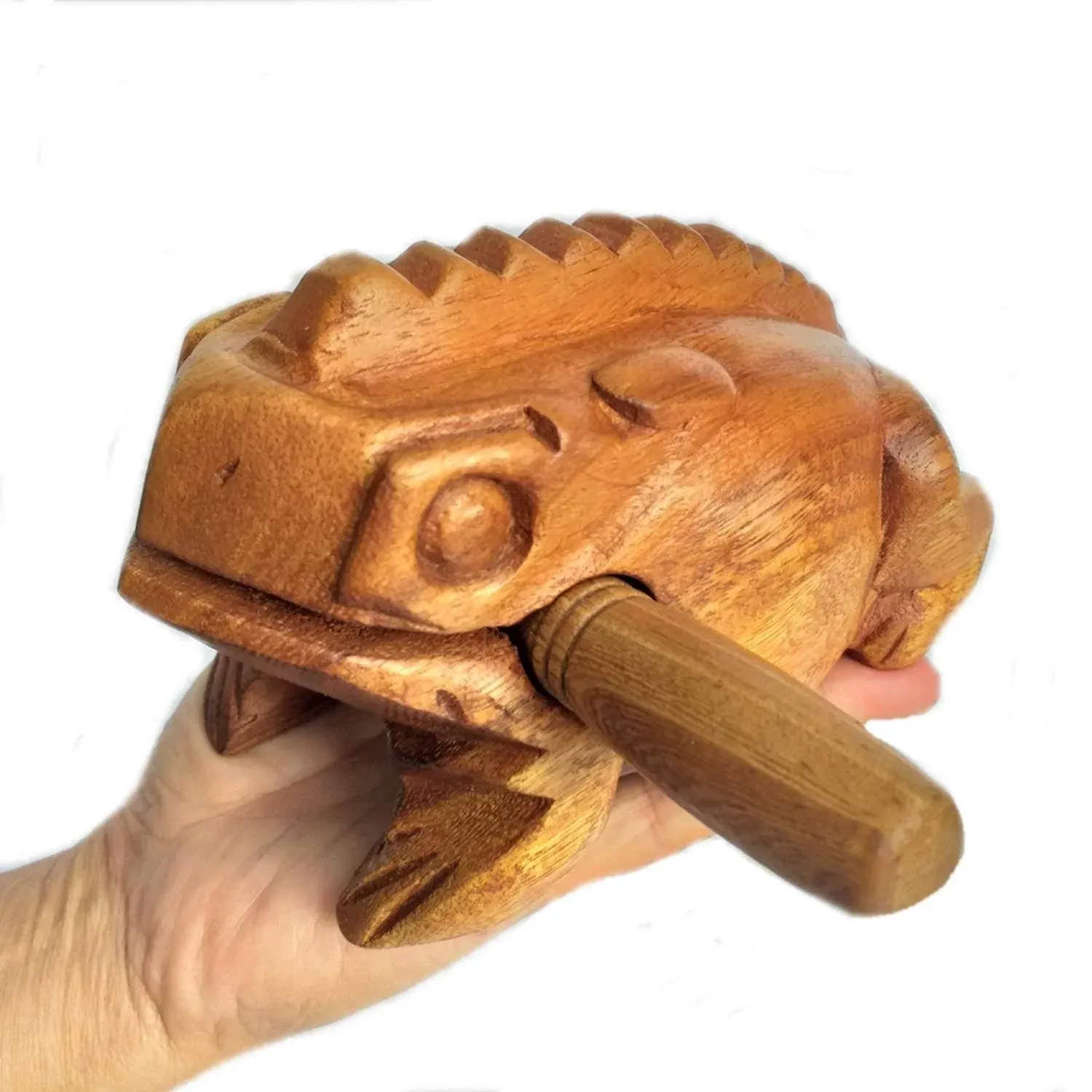 Large 7" Wood Frog Guiro Rasp Percussion Instrument Tone Block Frog Animal Shaped Figurine Wooden Handcraft Musical Lucky Frog Home Office Decoration (Tan)