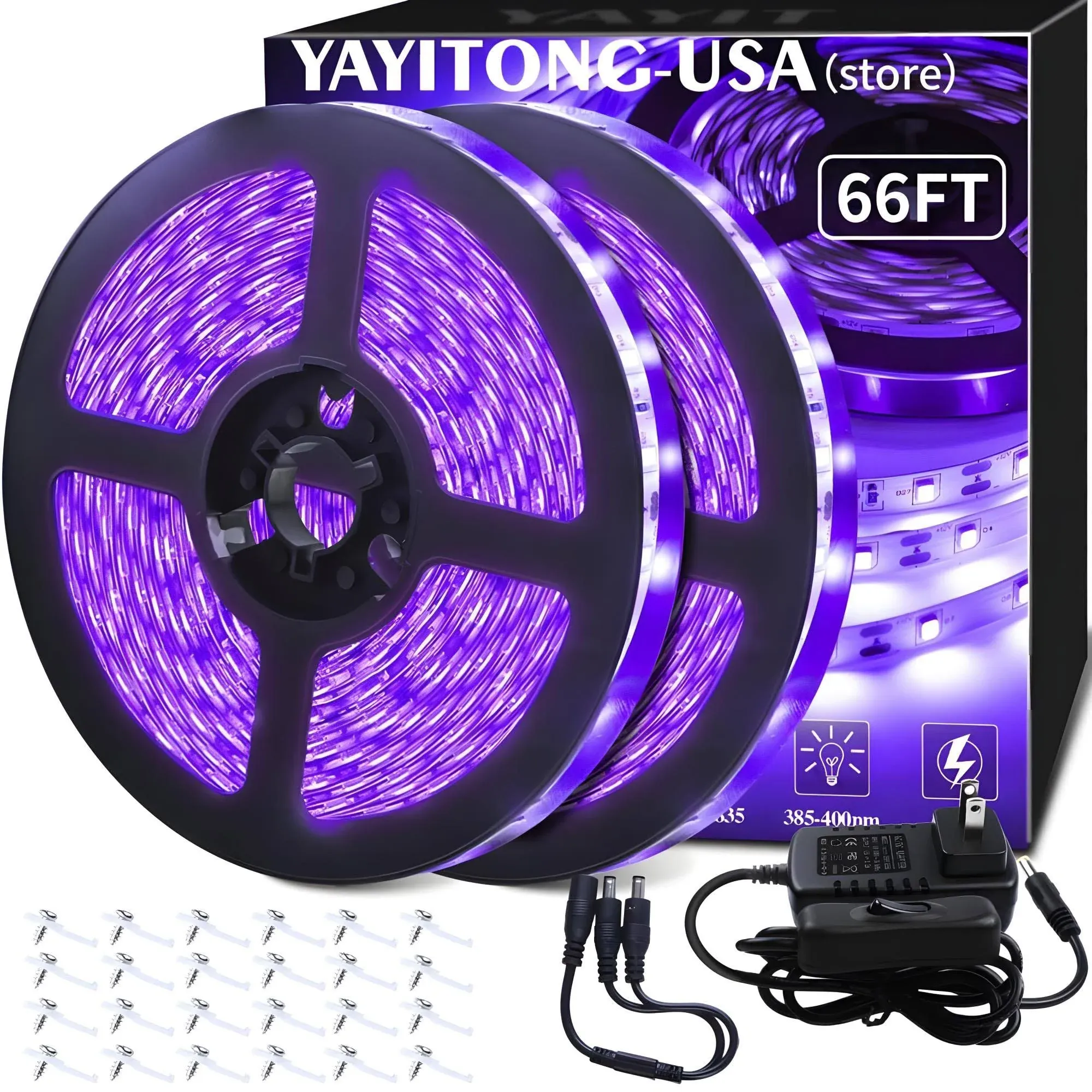 YAYIT 66FT/20M LED Black Light Strip Kit, 1200 LEDs, 12V Flexible Blacklights Fixtures for Glow Party, Bedroom, Halloween, Body Paint, Birthday, Non-Waterproof