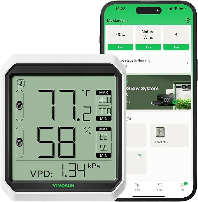 VIVOSUN AeroLab THB1 Wireless Bluetooth Hygrometer Thermometer Indoor, Smart Temperature Monitor, VPD, Digital Humidity Meter, LCD Remote Control & Alert, Data Storage, Dual Channels, Battery Included