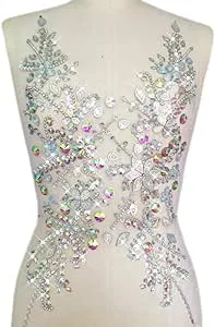 Sew on Sequin Crystal Rhinestones Beaded Clothes Appliques and Back Patches for Sewing Clothes Wedding Bridal Dress Decorative (AB, 12x21 inch)