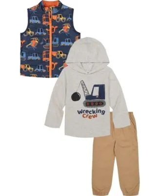 Baby Boys Hooded T-shirt, Quilted Vest and Twill Joggers, 3 Piece Set