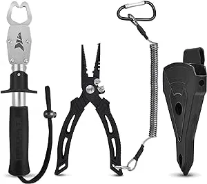 KastKing Fishing Pliers, Fish Lip Gripper or Fish Scale Combo Saltwater Resistant Fishing Tools, Fishing Gear with Rubber Handle, Lanyard, Line Cutter Hook Remover with Sheath, Ice Fishing Gift Men