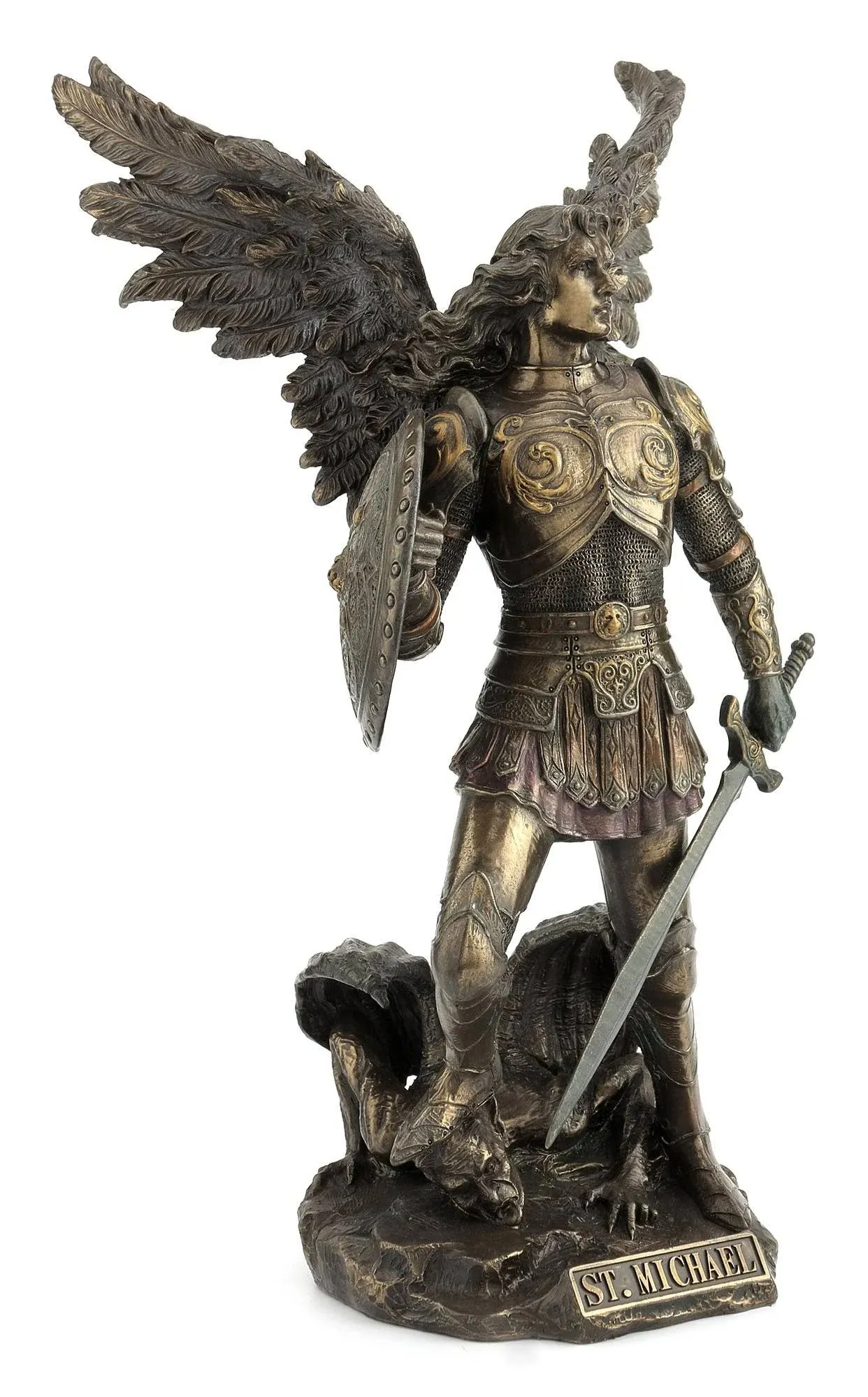 12.75 inch St. Michael Standing On Demon with Sword and Shield Statue