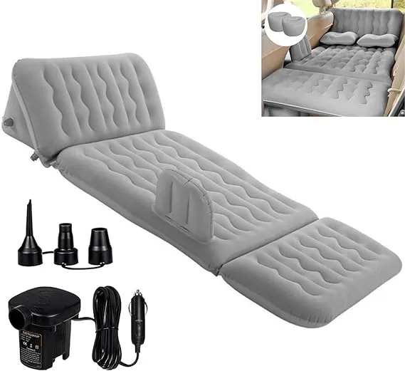 Inflatable Car Air Mattress Travel Bed - 6 in 1 Thickened Car Camping Mattress Sleeping Pad with Electric Air Pump & 2 Pillows for Home SUV Sedan Pickup Backseat Couch Tent - Grey