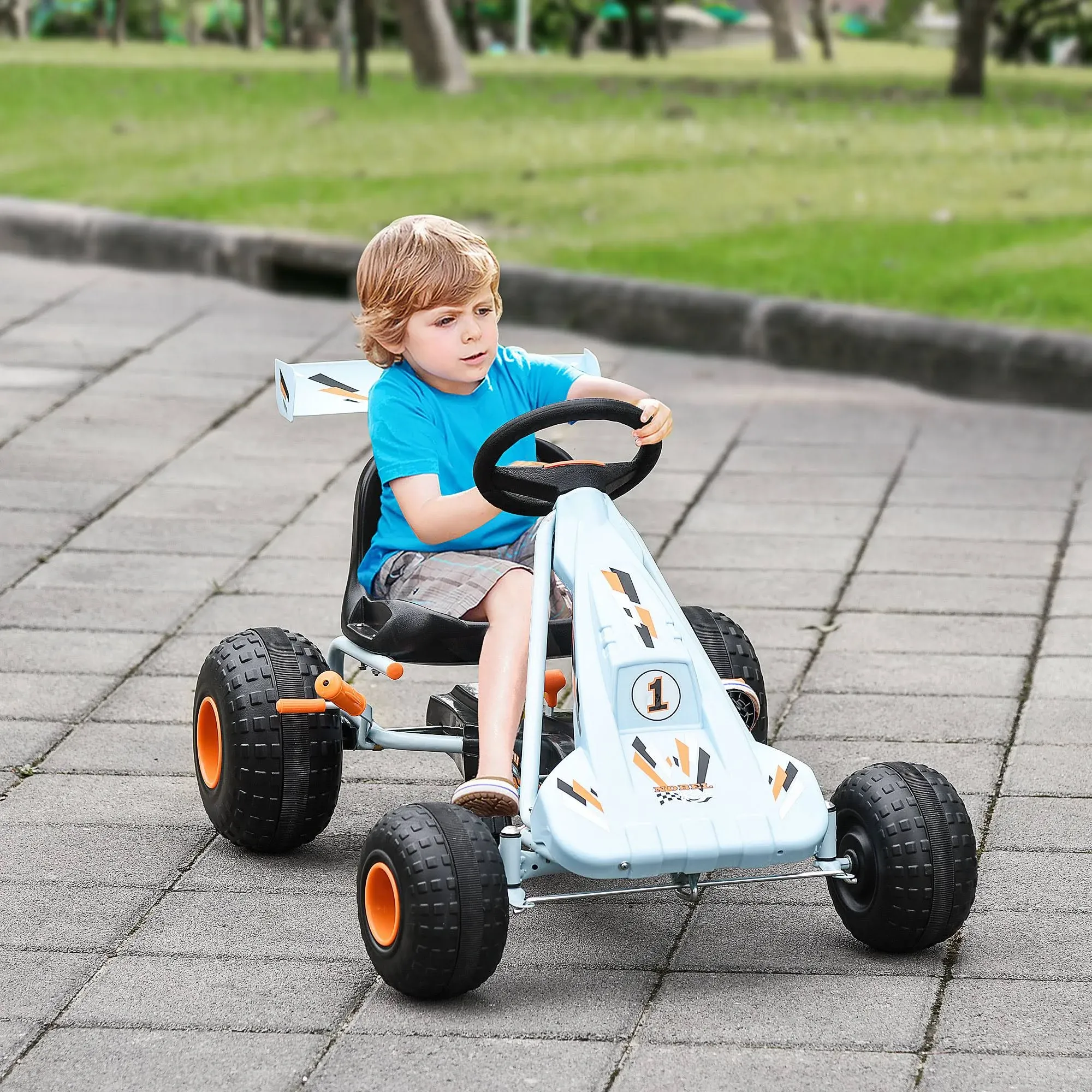 Aosom Pedal Go Kart Children Ride on Car Cute Style with Adjustable Seat, Plastic Wheels, Handbrake and Shift Lever, Light Blue