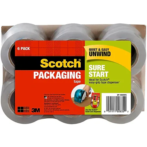 Scotch Sure Start Packing Tape, Clear, Holiday Wrapping Tape with Quiet Unwind and Easy Start, 1.88 in. x 25 yd., 6 Tape Rolls