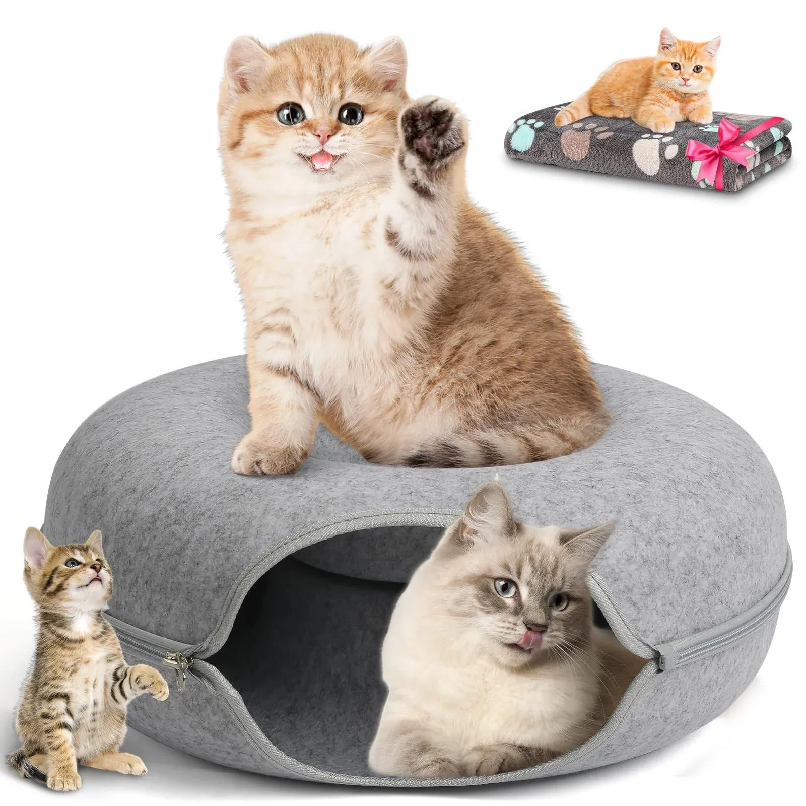 Large 24 Inch,Cat Tunnel Bed,HOMAGICO Peekaboo Cat Cave with Pet Blanket,Detachable Donut Tunnel Bed for Indoor Cats,Exercise Scratching & Hideway