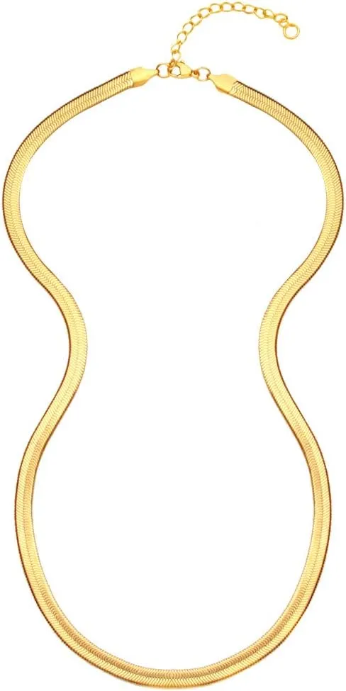 18k Real Gold Plated Flat Snake Chain Herringbone Choker Necklace for Women (5MM,14"-22")