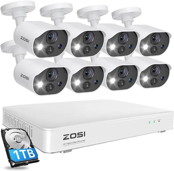 ZOSI C303 8CH Home Security Camera System with Audio,8CH 5MP Lite H.265+ DVR with 1TB HDD,8pcs 1080P Outdoor Cameras,120ft Night Vision,Person Vehicle Detection,Light&Siren Alarm,for 24/7 Recording